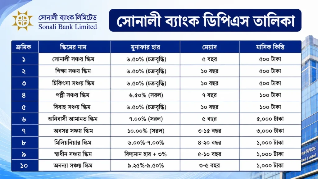 সোনালী ব্যাংক ডিপিএস তালিকা ২০২৬: স্কিম, মুনাফার হার ও নিয়ম